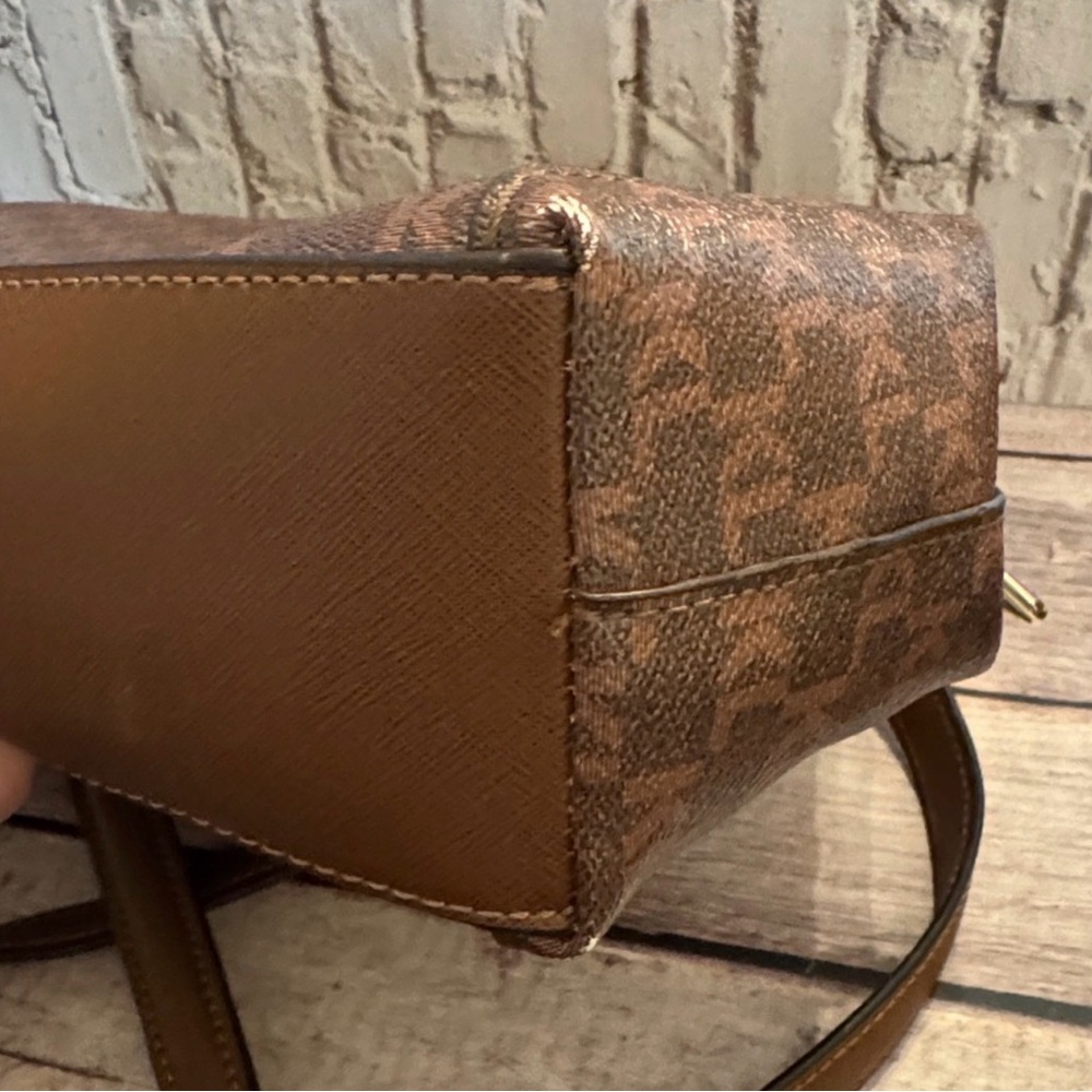 Karl Lagerfeld Paris Vegan Brown Monogram Triple Entry Tote Handbag - Picture 4 of 12